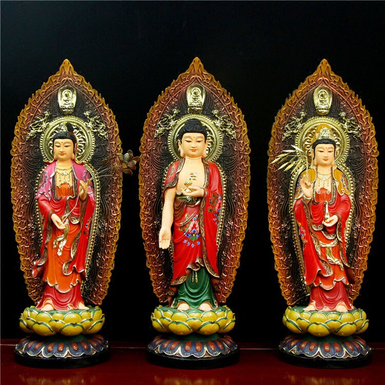 Resin Ancient Color Western Triple Sacred Buddha Statue of Guanyin Bodhisattva Amitabha Bodhisattva to statue like a home dedicated to the town