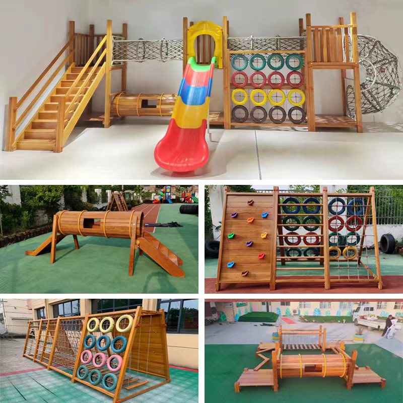 Kindergarten climbing frame combination children's outdoor wooden slide platform drilling hole climbing net swing bridge swing play toy