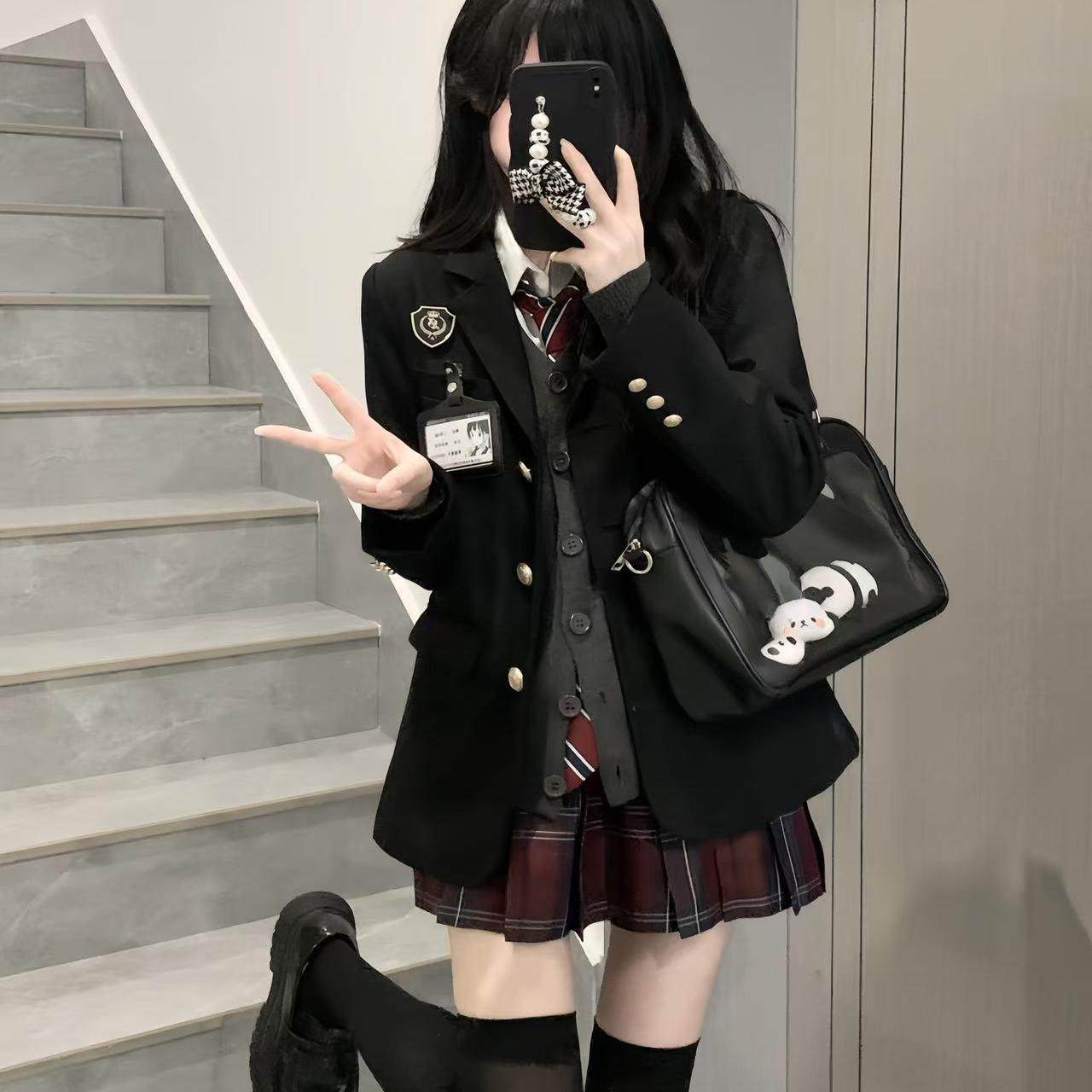 School-supplied JK uniform suit jacket authentic set, college style black three-piece suit for women, waist-cinching, autumn and winter JK