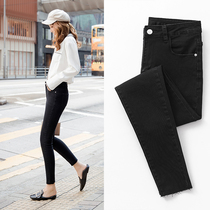 Black high-waisted jeans womens spring and autumn 2018 new retro Hong Kong style pants womens tight little feet Korean version is thin