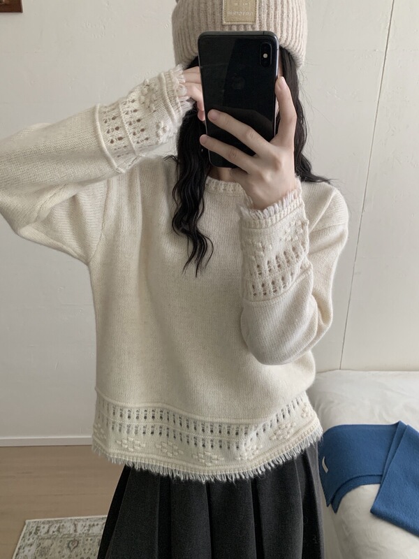 Muutis Korean-Style Round-Neck Hollow-Out Long-Sleeve Knitted Alashan Camel Warm Sweater 50.6% Sheep Wool
