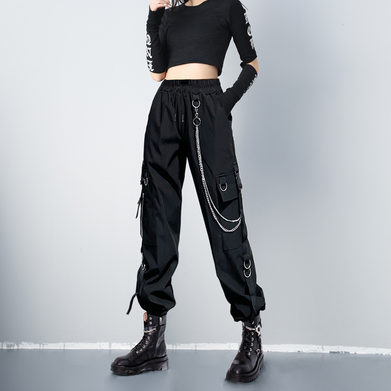 Hip Hop Cargo Pants for Petite Women, Black Jogger Pants with Chain Details, Street Style, Thin Spring/Summer Student Dance Pants