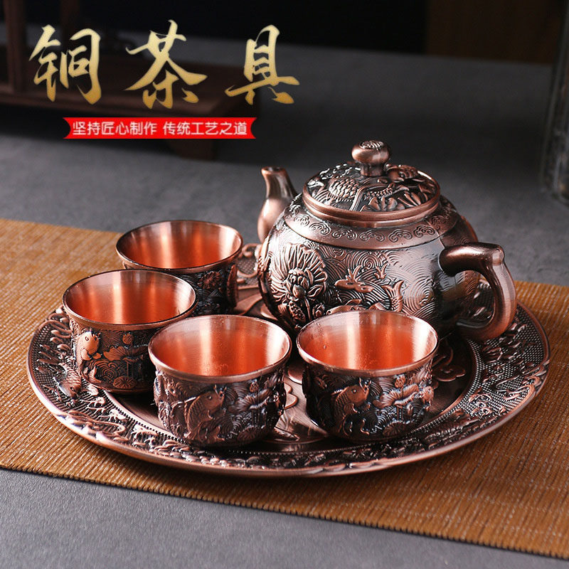 High-end pure copper red copper tea set group Gongfu tea with Longfeng Jin carp wine with retro Chinese style home whole set of gifts