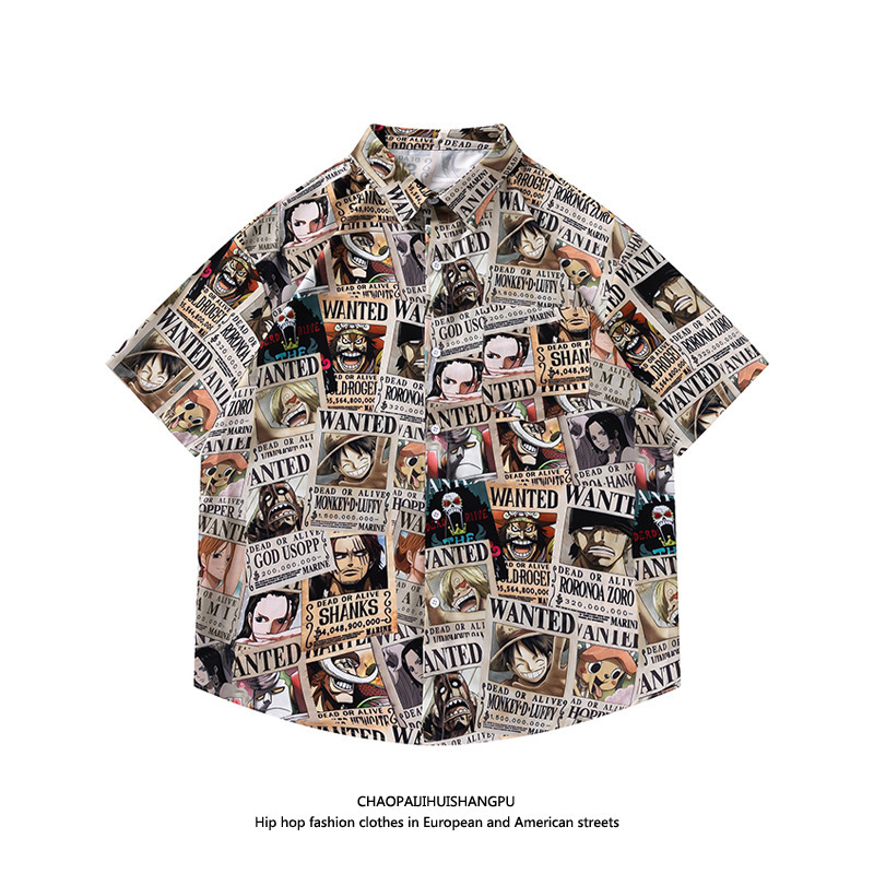 Japanese-Style Cartoon Anime One Piece Poster Character All-Over Print Short-Sleeve Shirt for Men and Women, Niche Design Half-Sleeve Shirt