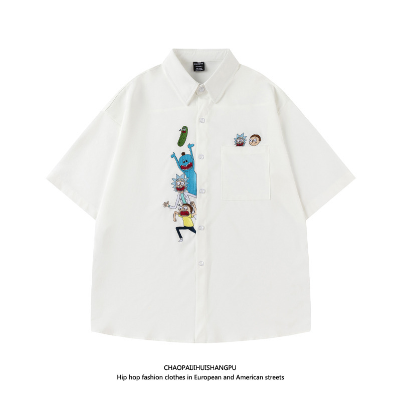 American Cartoon Anime Rick and Morty Embroidered Short-Sleeved Shirt for Men and Couples, Versatile Shirt