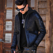 Hooded fur mens winter wool jacket motorcycle leather jacket slim Korean version plus velvet padded mens leather jacket