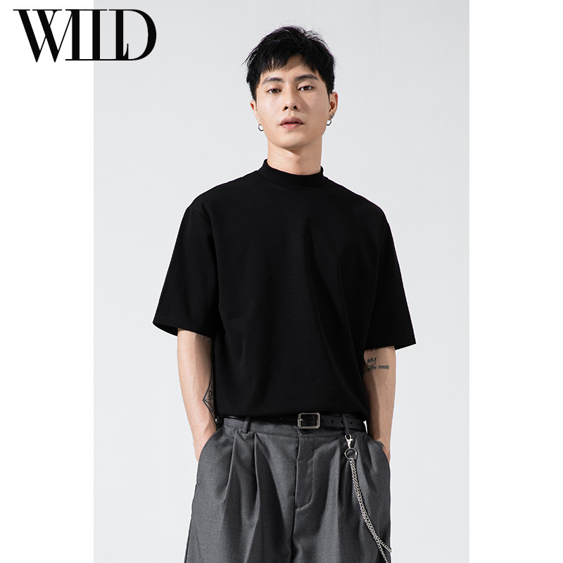 Half-High Collar Short-Sleeve T-Shirt for Men, Summer Loose Fit, Soft and High-End Feel, Casual Half-Sleeve Black Base Layer, Jackson Wang Style