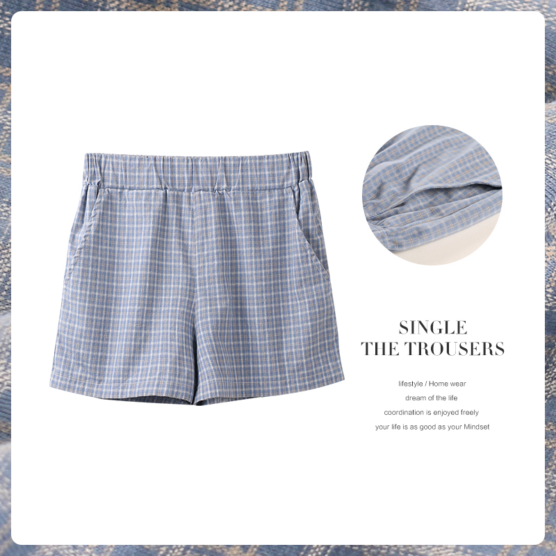 Brief fine checkered shorts Sleeping Pants Woman Summer Pure Cotton Thin loose with outside wearing single piece Home Shorts Home Pants