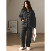 Inner-outer pure cotton pro-skin and warm three-layer thickened laminated cotton pyjamas female winter cotton padded jacket knitted full cotton home