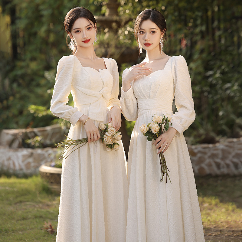 Champagne-Colored Bridesmaid Dress for Women 2026 New Autumn and Winter Long-Sleeved Sister Group Dress High-End Niche Can Be Worn Casually