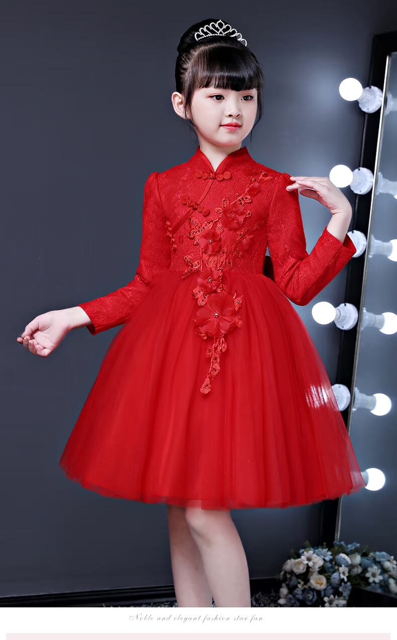 Lingque trẻ em Tang trang phục catwalk trình diễn piano buổi tối trình diễn cô gái váy đỏ tay dài ren hoa áo vest bé trai 1-2 tuổi