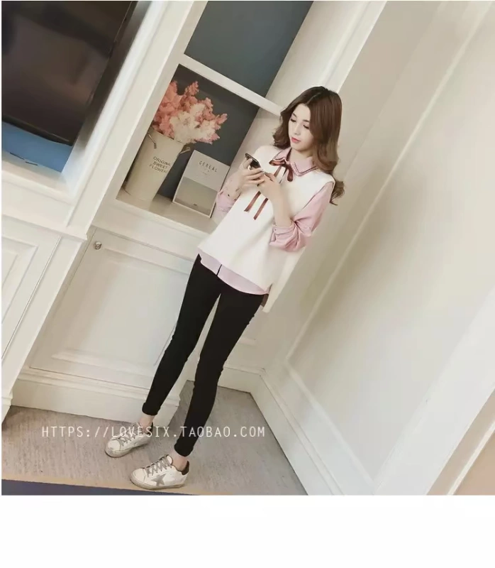 Áo mới mùa thu 2018 Han Fan sọc nữ dài tay áo rộng học sinh đan áo vest hai dây áo nữ công sở