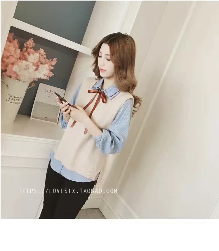 Áo mới mùa thu 2018 Han Fan sọc nữ dài tay áo rộng học sinh đan áo vest hai dây áo sơ mi nữ dài tay cao cấp