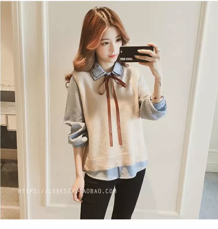 Áo mới mùa thu 2018 Han Fan sọc nữ dài tay áo rộng học sinh đan áo vest hai dây áo sơ mi nữ dài tay cao cấp