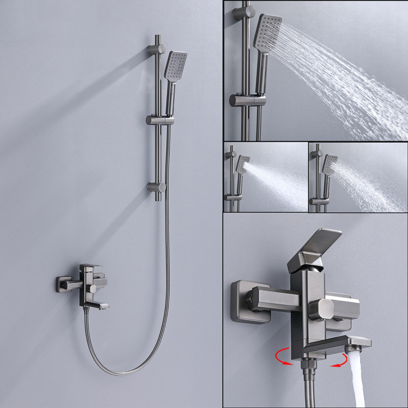 New German all-copper brushed gun gray bathroom bathtub faucet simple shower shower set hot and cold water booster