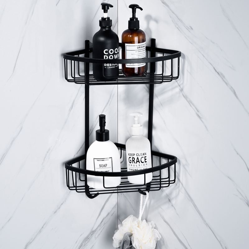 New German Plated Black Stainless Steel Bathroom Double Triangle Mesh Basket With Hook Make-up Room Corner Containing shelf