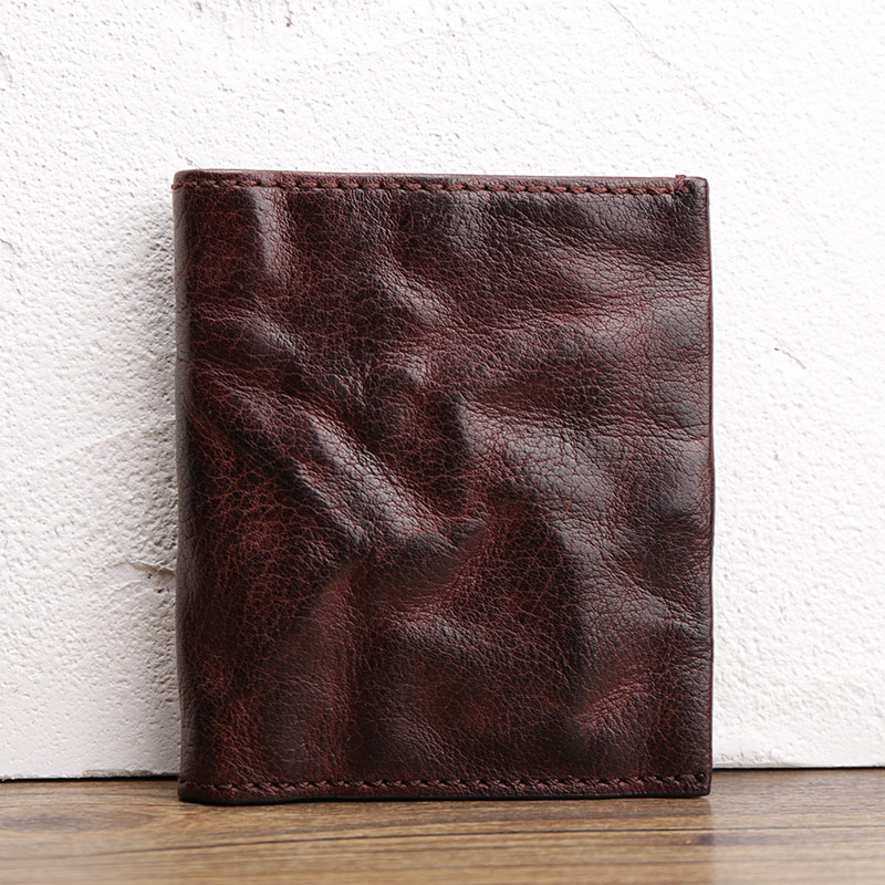Retro men's small money bag Short Leather Youth Head Layer Cow Leather Handmade Two Fold Ultra Slim Money Clip Vertical SMALL LEATHER WALLET