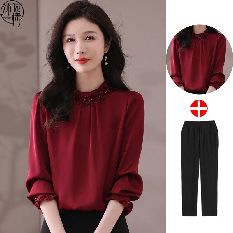 Middle-Aged Mother's Stylish Silk Long-Sleeved Blouse 2026 New Spring and Autumn High-End Mother-In-Law Wedding Banquet Outfit Set