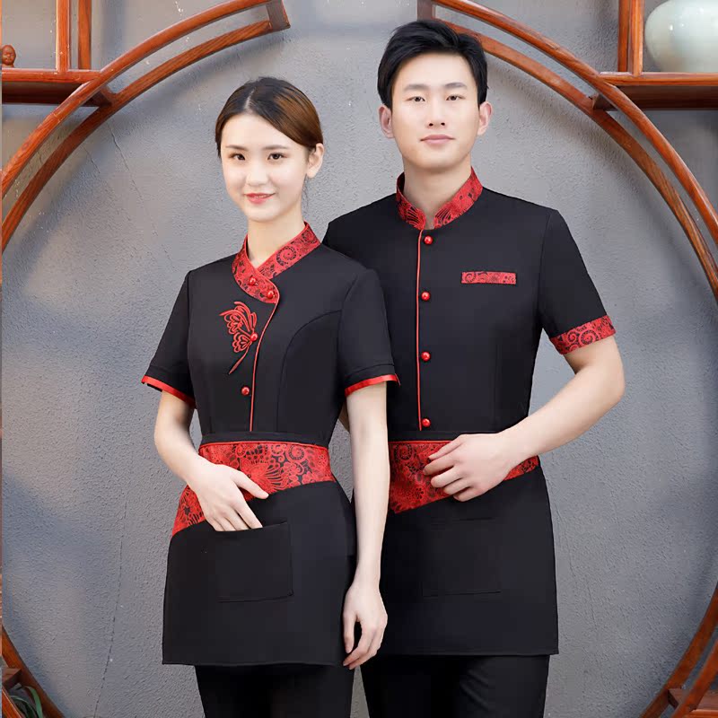 quần áo công việc Waiter của ngắn tay nhà hàng trà đạo Trung Quốc sạn quần áo ăn lẩu nhà hàng nhà hàng mùa hè váy của nam giới và phụ nữ phù hợp