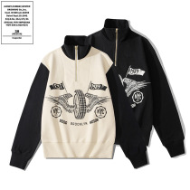 OKONKWO heavyweight half-zip lapel motorcycle riding sweatshirt with color matching sleeves and thickened half-chest zipper collar sweatshirt