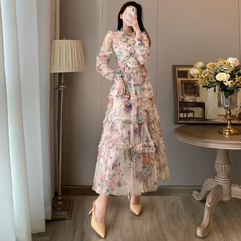 Spring French-Style Dress 2026 Spring and Autumn New Women's Light Luxury High-End Elegant Floral Tiered Long Dress