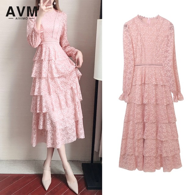 French lace cake dress women's spring 2022 new women's pink temperament slim fashion long skirt