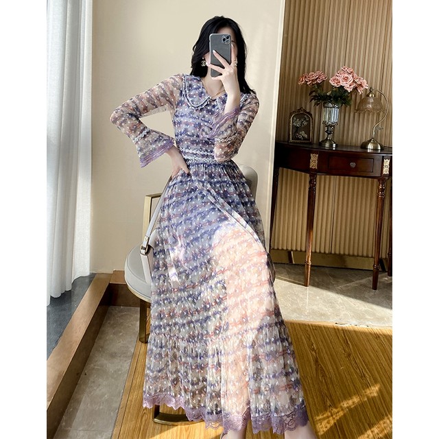 French floral chiffon dress spring women's 2023 spring new women's clothing celebrity temperament waist long skirt