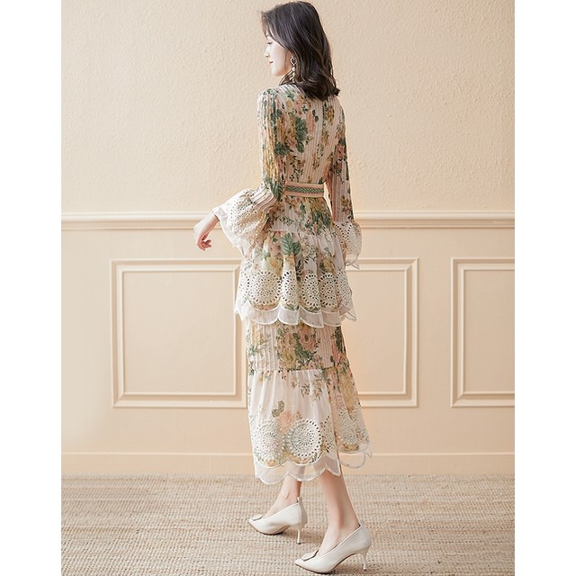 Early spring French floral dress women's 2023 spring new women's chiffon temperament waist slimming long skirt