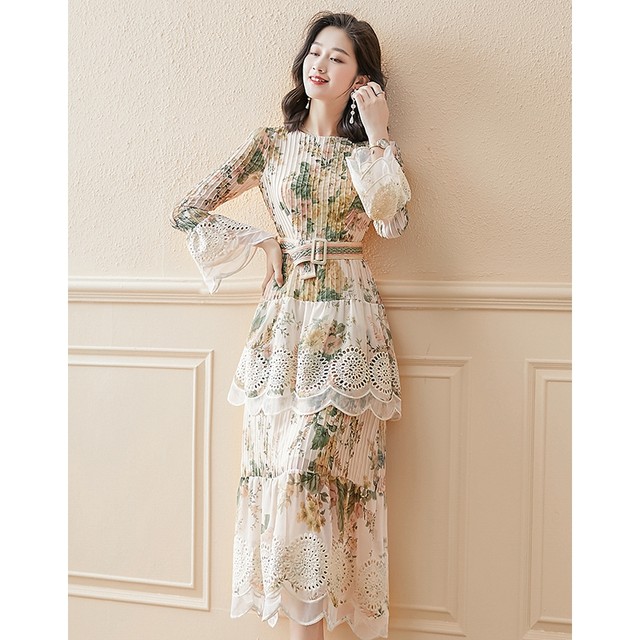 Early spring French floral dress women's 2023 spring new women's chiffon temperament waist slimming long skirt