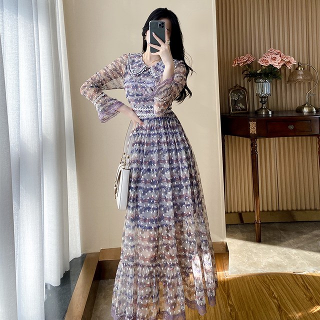 French floral chiffon dress spring women's 2023 spring new women's clothing celebrity temperament waist long skirt