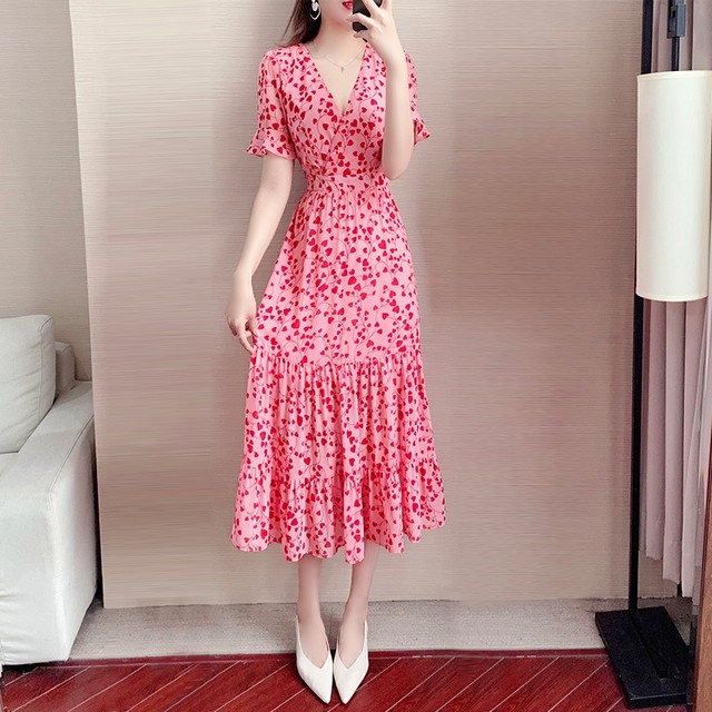 Floral chiffon dress women's summer 2022 summer new thin French temperament waist and thin long skirt