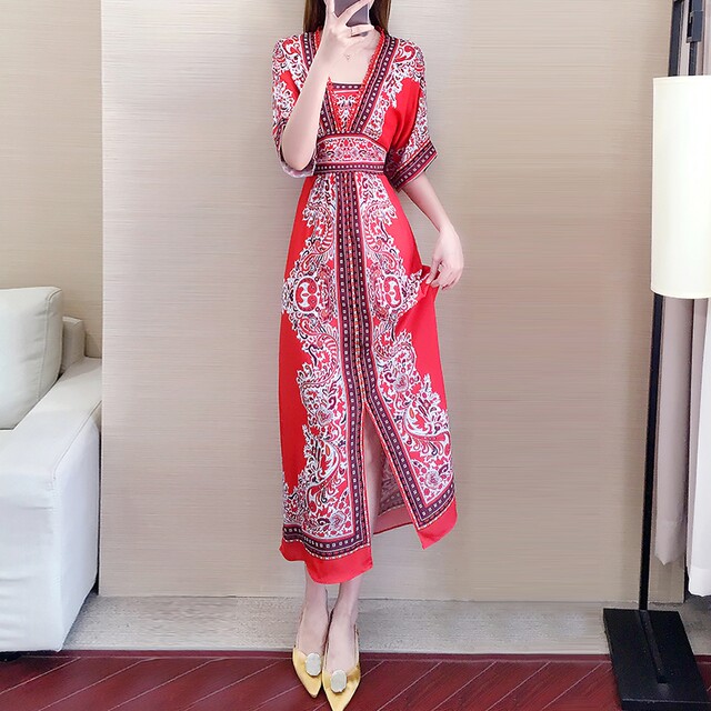 Floral chiffon dress female summer 2022 new summer ethnic style improved cheongsam long skirt waist is thin