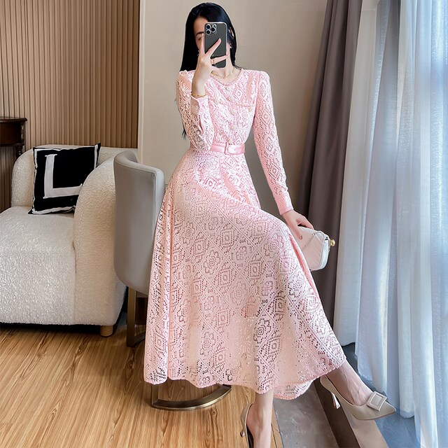 Spring French lace dress women 2023 spring new women's pink temperament slim fashion long skirt