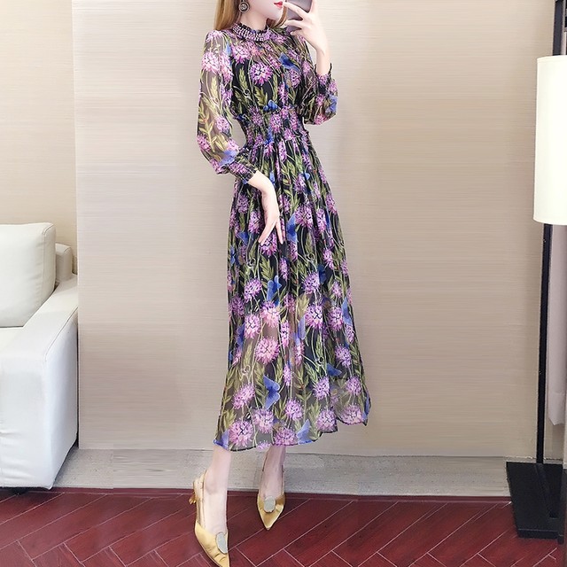 French chiffon dress autumn new style female celebrity temperament royal sister light and familiar wind waist slim long skirt spring style