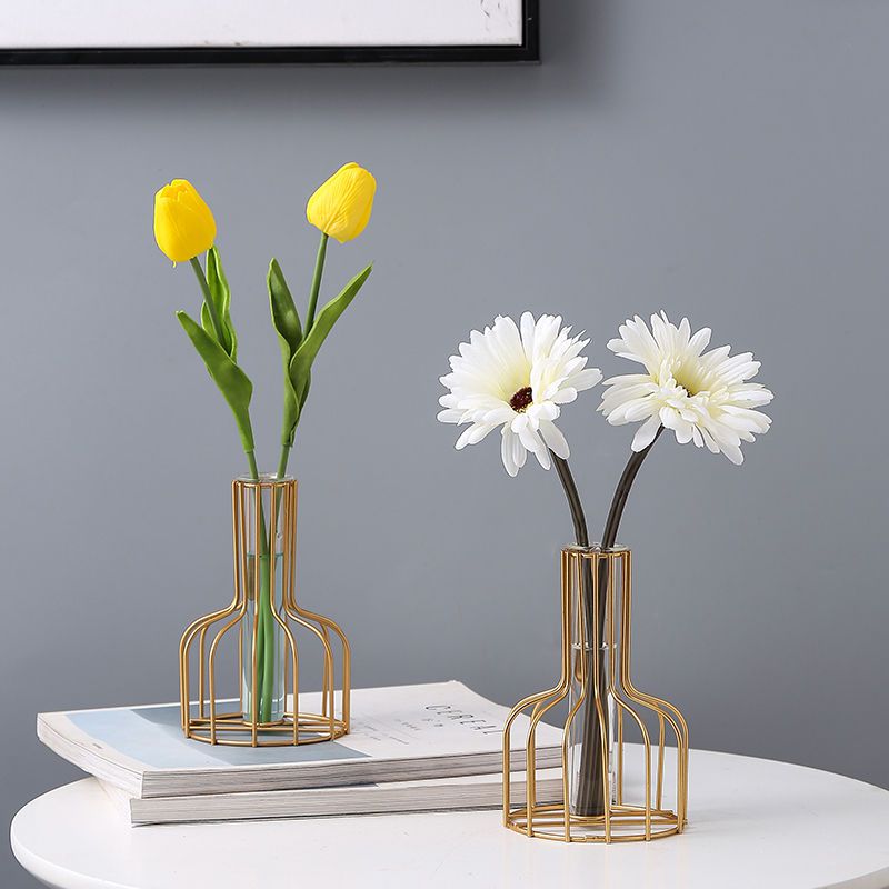 Nordic Creative Glass Flower Arrangement Vases Living-room Room Adornment TV Cabinet Tabletop Iron Art Dry Flower Water Bacon
