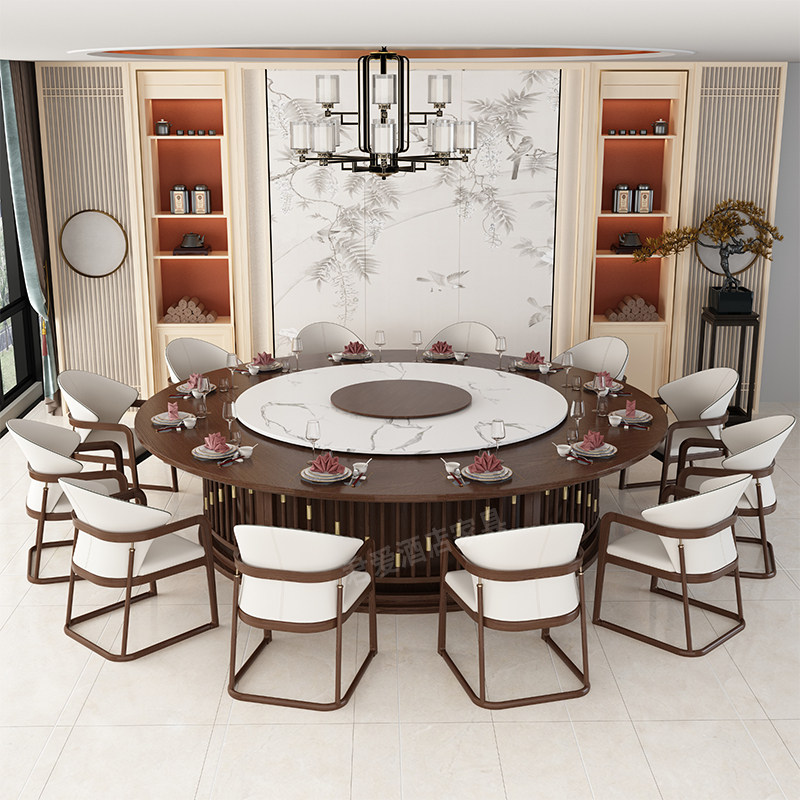 New Chinese Hotel Electric Dining Room Electric Dining Table Large Round Table Solid Wood Rock Plate Turntables Clubhouse Restaurant 20 People 15 Hotpot Table-Taobao