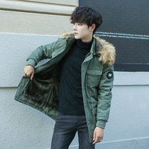 Original single cotton clothes Winter mens medium long style warm coat mens clothing plus suede thickened water washed with caps and cotton clothing