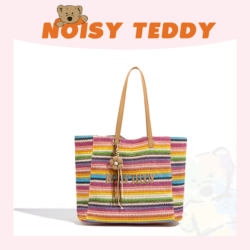 Noisy Teddy26 New Summer Seaside Vacation Beach Bag, Fashionable and Casual Large-Capacity Woven Tote Bag