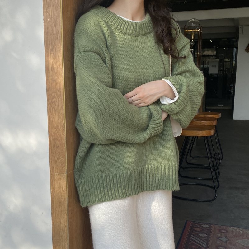 Zy LAOSHU Retro Green Sweater for Women in Autumn and Winter, Loose and Lazy Style, Thickeneded Outer Wear, Round Neck Pullover Knitted Top
