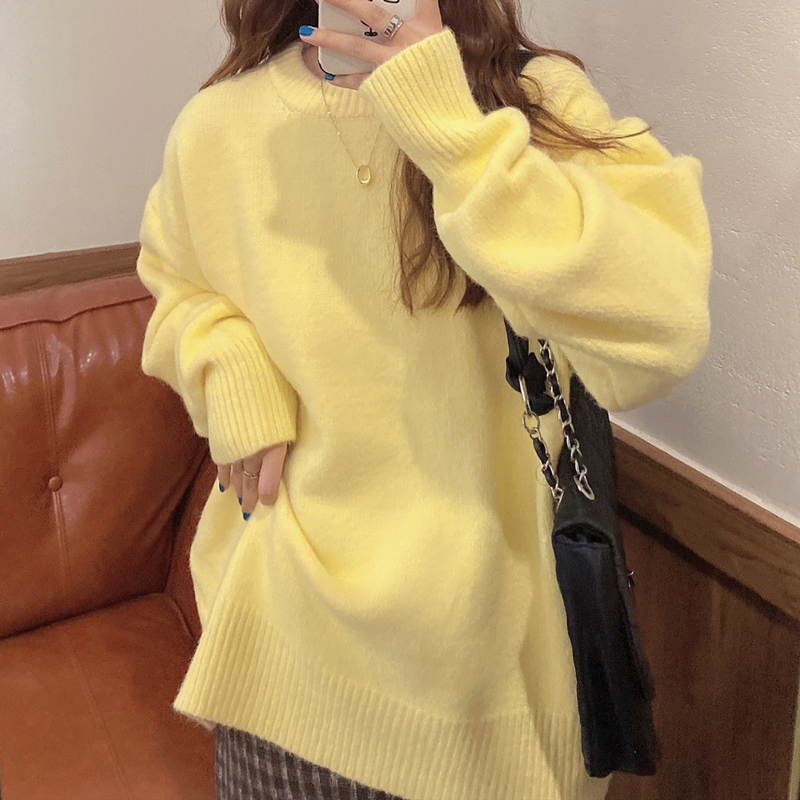 Zy LAOSHU Yellow Sweater Women's Pullover Loose Korean Style Thickened Autumn and Winter Lazy Style Versatile Round Neck Knitwear Top Zy LAOSHU Yellow Sweater Women's Pullover Loose Korean Style Thickened Autumn and Winter Lazy Style Versatile Round Neck Knitwear Top