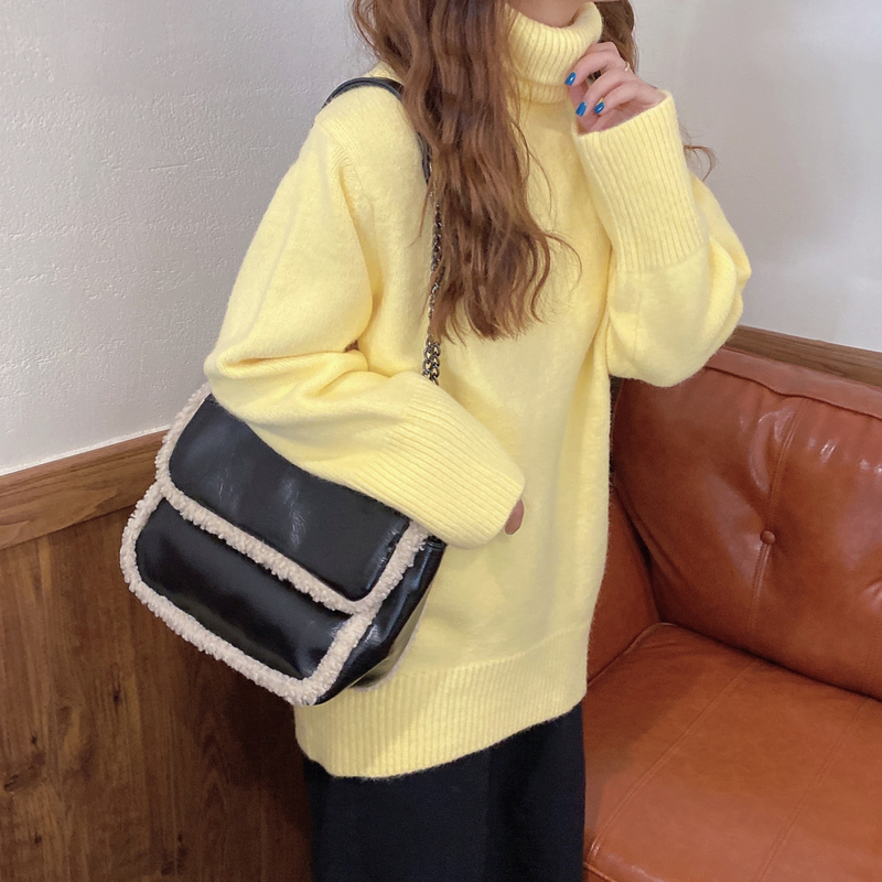 Zy LAOSHU Korean Autumn and Winter Turtleneck Sweater for Women, Loose Pullover, Thickened Yellow Mid-Length Knit Top