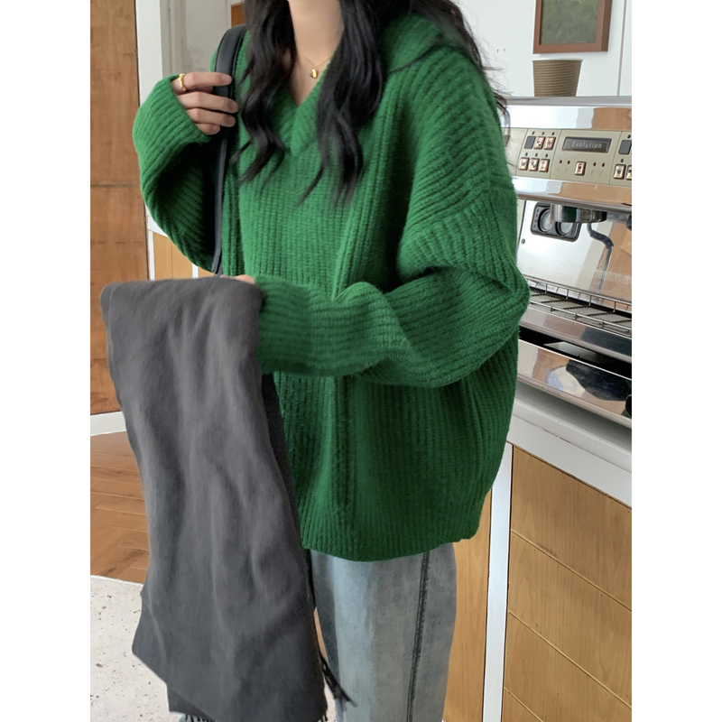 Zy LAOSHU Green V-Neck Sweater for Women, Outerwear, 2025 Autumn/Winter New Style, Thickened, Loose, Vintage Pullover Knit Top