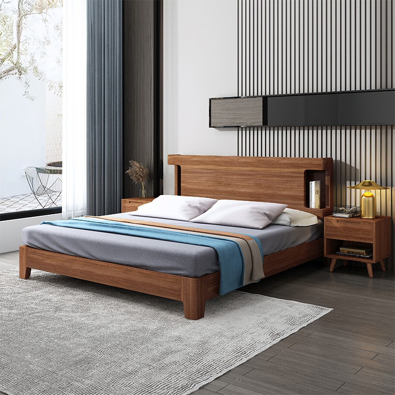 Walnut Wood Nordic Solid Wood Bed 1 8 m Double Bed Master Bedroom 1 5m Small family type luminous bed