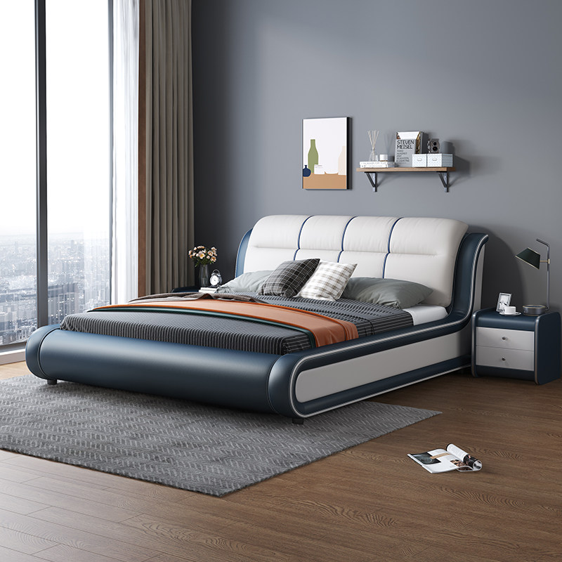 Italian style minimalist leather art bed master bedroom Nordic light extravagant real leather bed minimalist modern double bed high box storage economy type