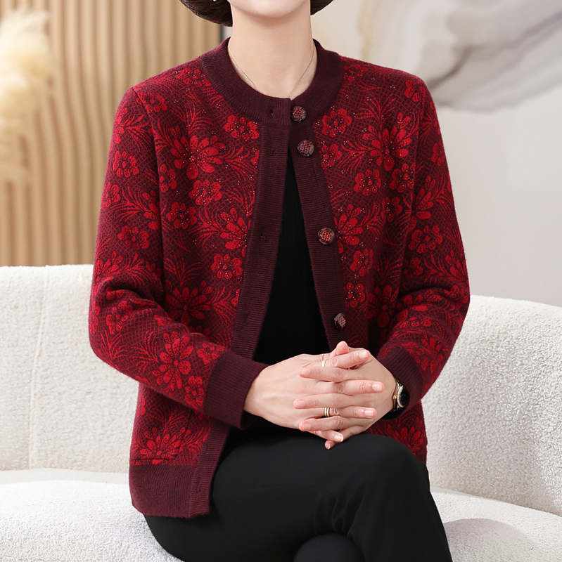 Grandma's Red Sweater Coat, Fleece-Lined and Thickened, for the Year of One's Birth, Suitable for Middle-Aged and Elderly Mothers, Large Size, Loose-Fitting, Front-Open Cardigan Outerwear