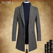 Madilla autumn and winter wool coat Mens medium and long slim coat Plaid mens wool coat