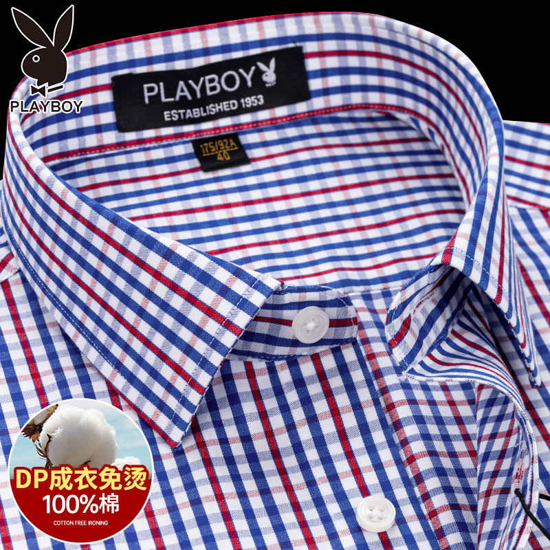 Playboy Pure Cotton Red Plaid Short-Sleeved Shirt for Men, No-Iron, Middle-Aged Dad Business Casual Long-Sleeved Cotton Shirt