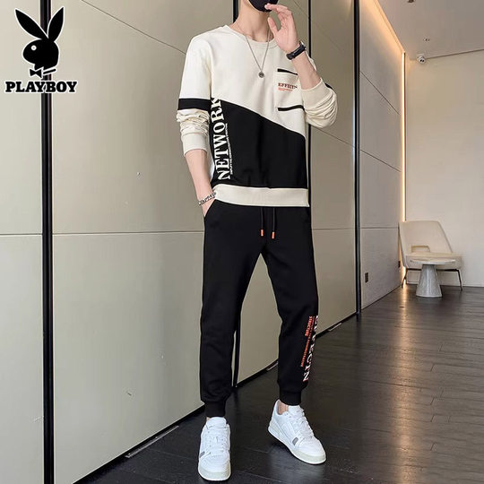 花花公子休闲运动套装男士圆领卫衣服秋季新款潮搭配卫裤男装一套