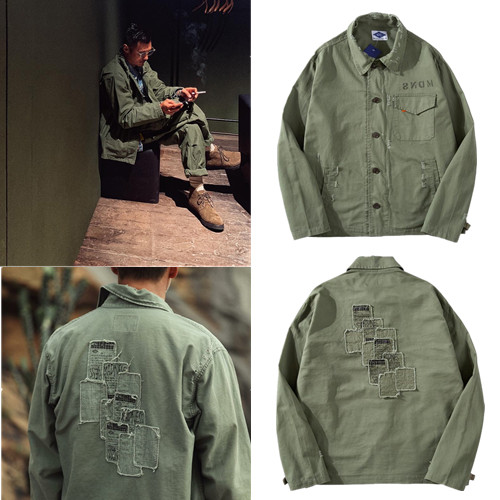 Tide card Yu Wenledo Pocket Tooling Jacket Man Trend Breaking Hole to be Old Autumn Winter Retro Student Coat Man