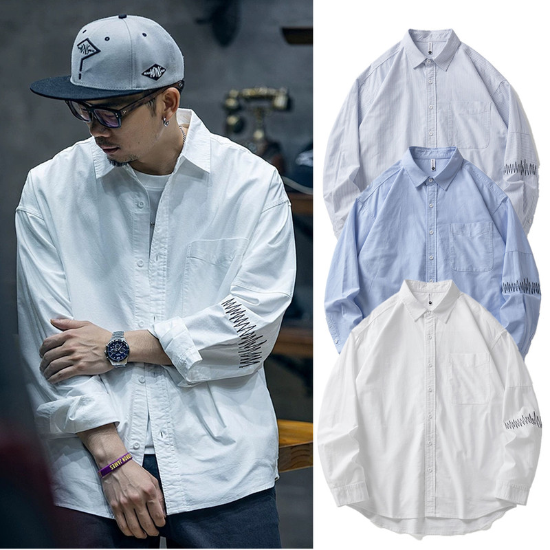 Shawn Yue Spring and Autumn Loose Long-Sleeve Shirt Men's Trendy Brand Oxford Fabric Embroidered Pure Cotton Striped Casual Shirt Jacket